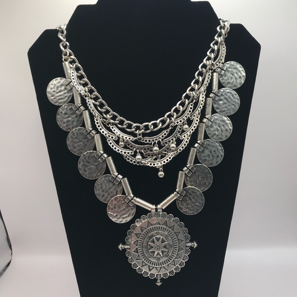 Antique Silver-Tone Multi Layered Statement Neckl… - image 2